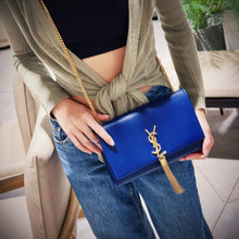 Load image into Gallery viewer, Saint Laurent Blue Calfskin Small Monogram Kate Tassel Bag TWS