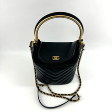Load image into Gallery viewer, Chanel Bucket Bag Black Lambskin Chevron Quilted With Handle