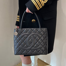 Load image into Gallery viewer, Chanel black quilted caviar leather medallion tote bag