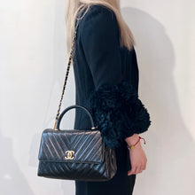 Load image into Gallery viewer, Chanel Black Chevron Quilted Calfskin Leather and Lizard Coco Handle Bag