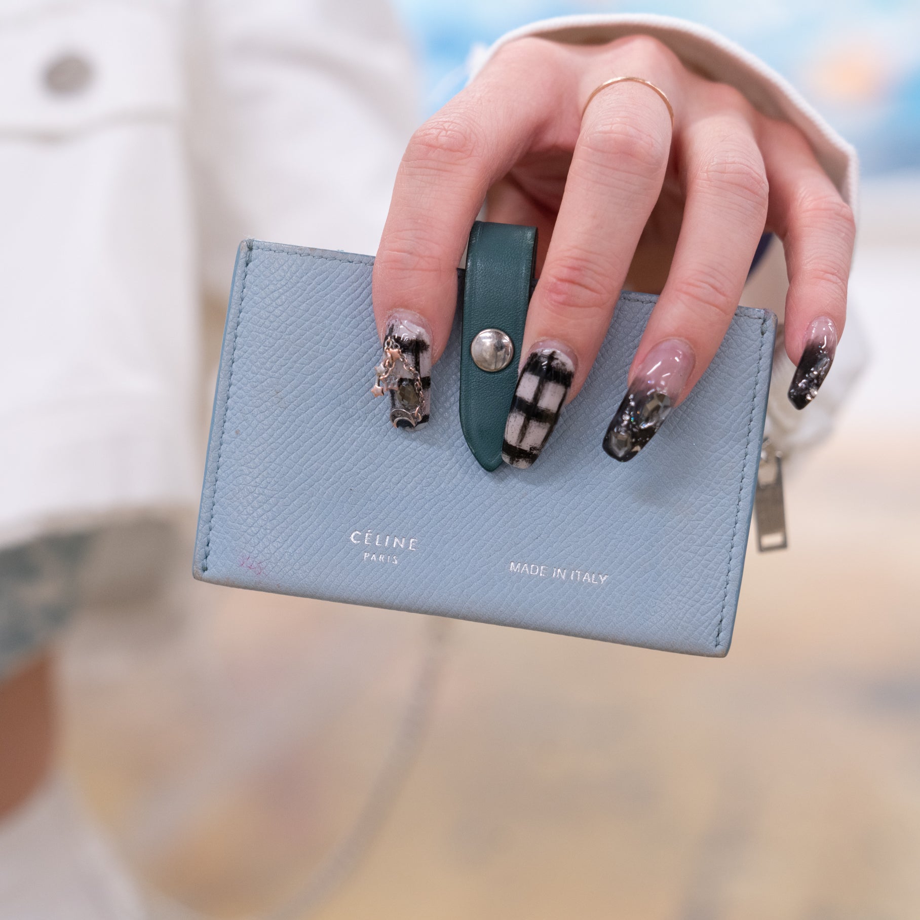 Celine Dusty Blue Grained Leather Accordeon Card Holder Celine