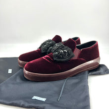 Load image into Gallery viewer, Prada Red Velvet Crystal Embellished Bow Slip On Sneakers