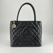 Load image into Gallery viewer, Chanel black quilted caviar leather medallion tote bag