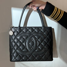 Load image into Gallery viewer, Chanel black quilted caviar leather medallion tote bag