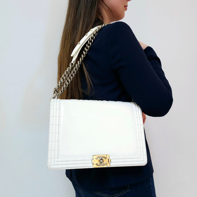 Chanel White Patent Leather Large Leboy Bag