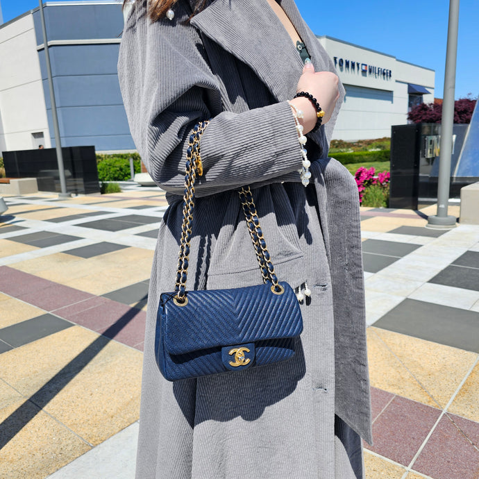 Chanel Blue Chevron Small Classic Flap Bag