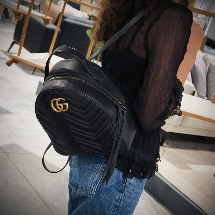 Gucci Matelasse GG marmont Chevron Quilted black leather backpack TWS