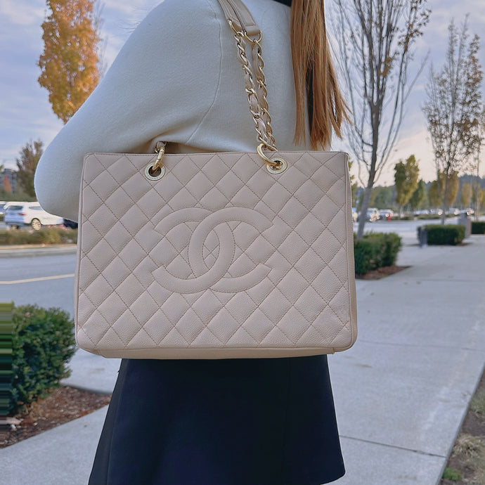 CHANEL Beige Quilted Caviar Grand Shopping Tote TWS