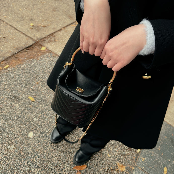 Chanel Bucket Bag Black Lambskin Chevron Quilted With Handle