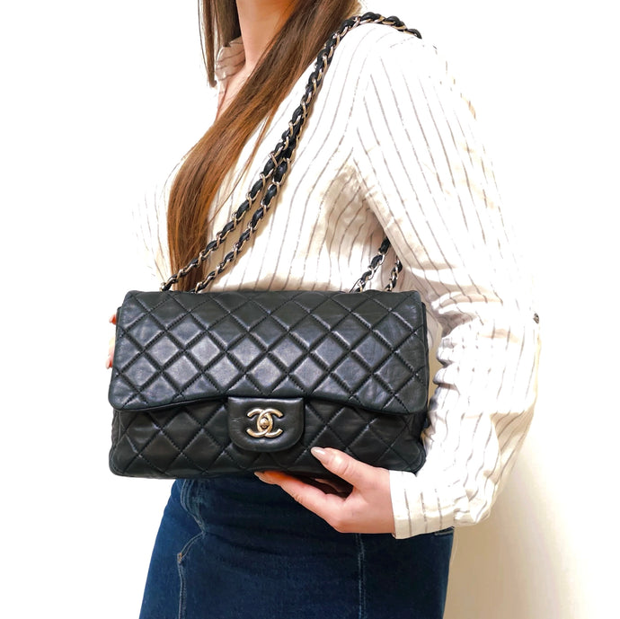Chanel Classic Flap Large Lambskin Bag Black/Silver TWS