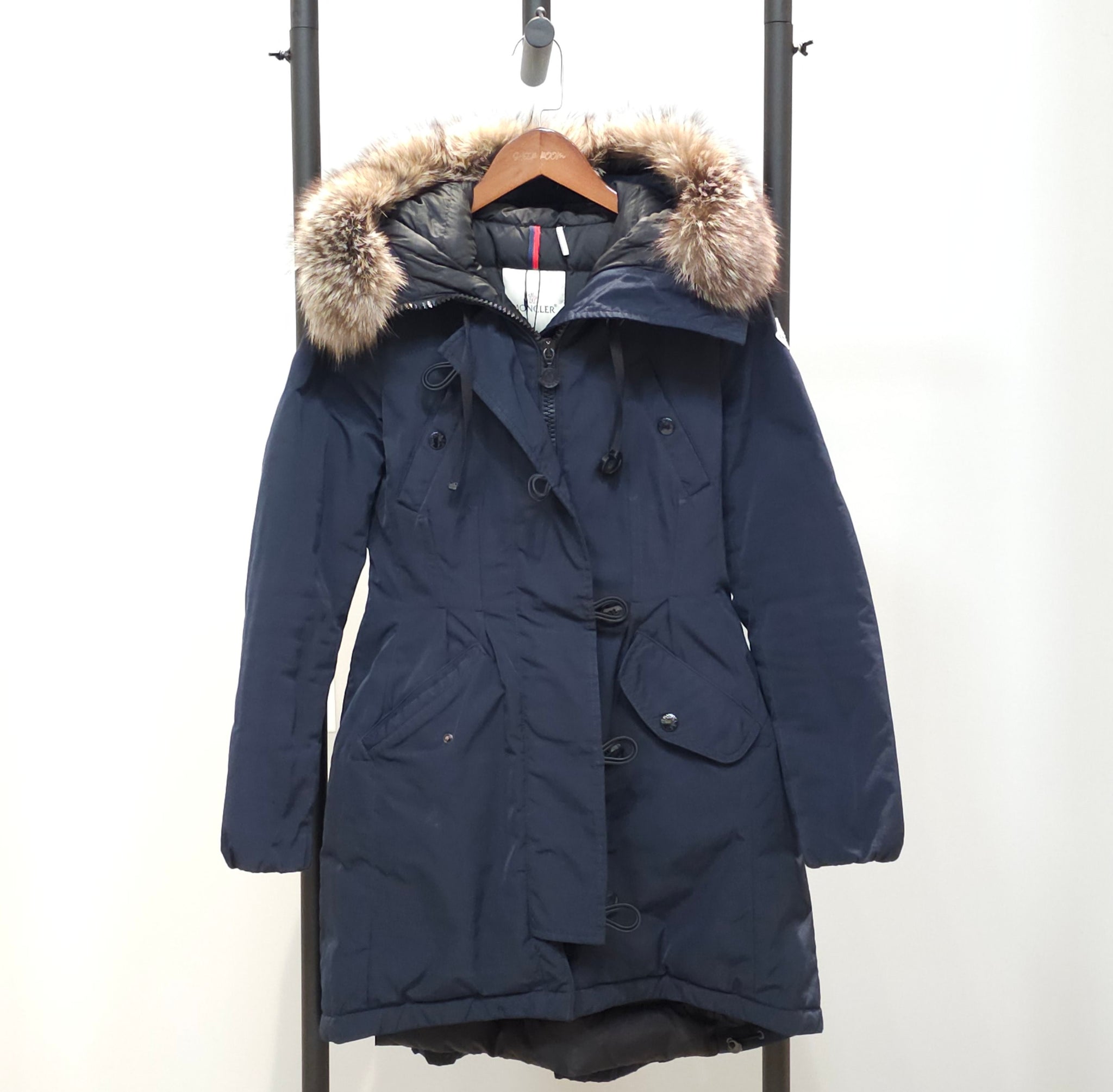 MONCLER Arriette Fur trim Puffer Coat in Blue TWS Sheer Room