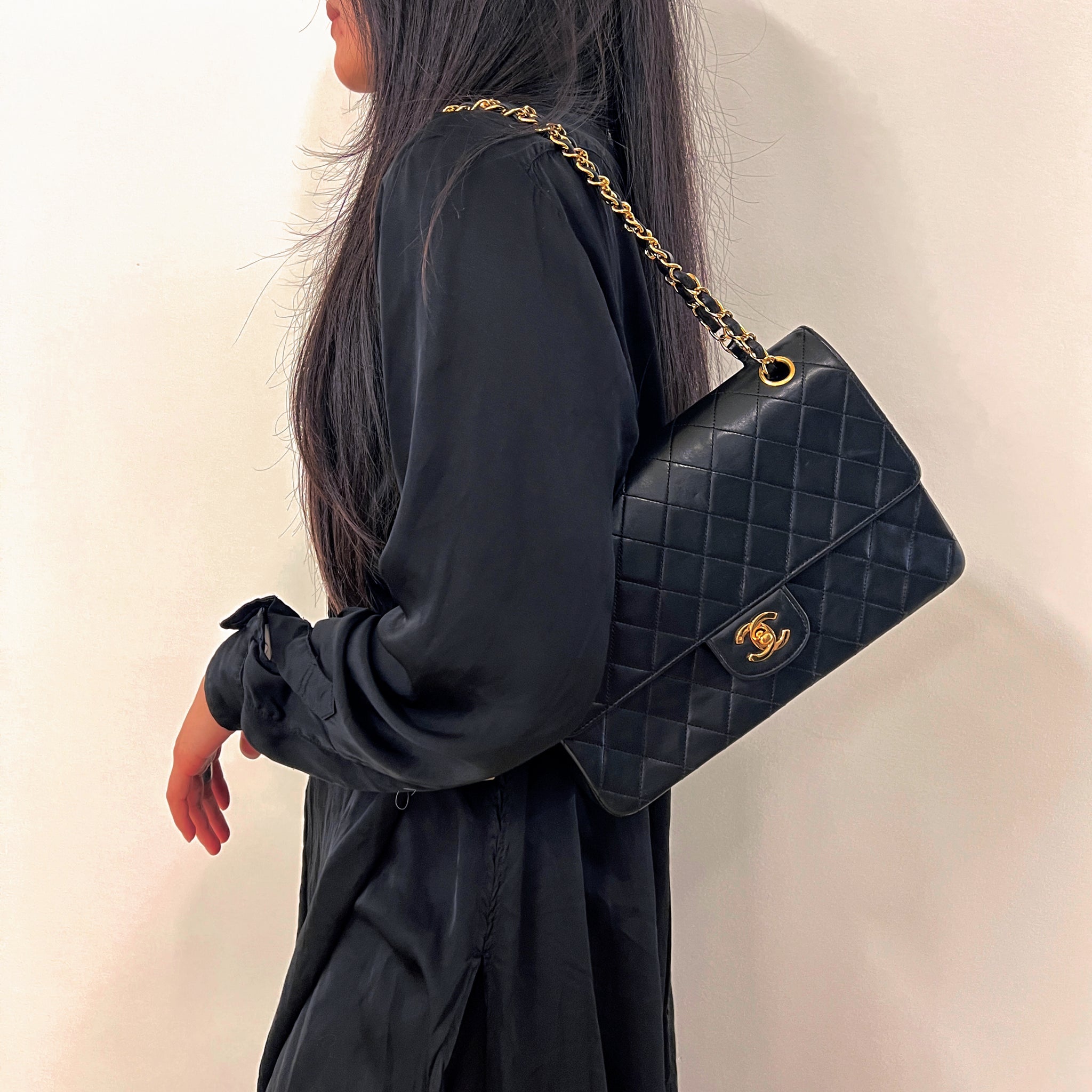 Chanel Classic Medium Vintage Double Flap Bag In Black Quilted Patent  Leather And 24K Gold-Plated Hardware