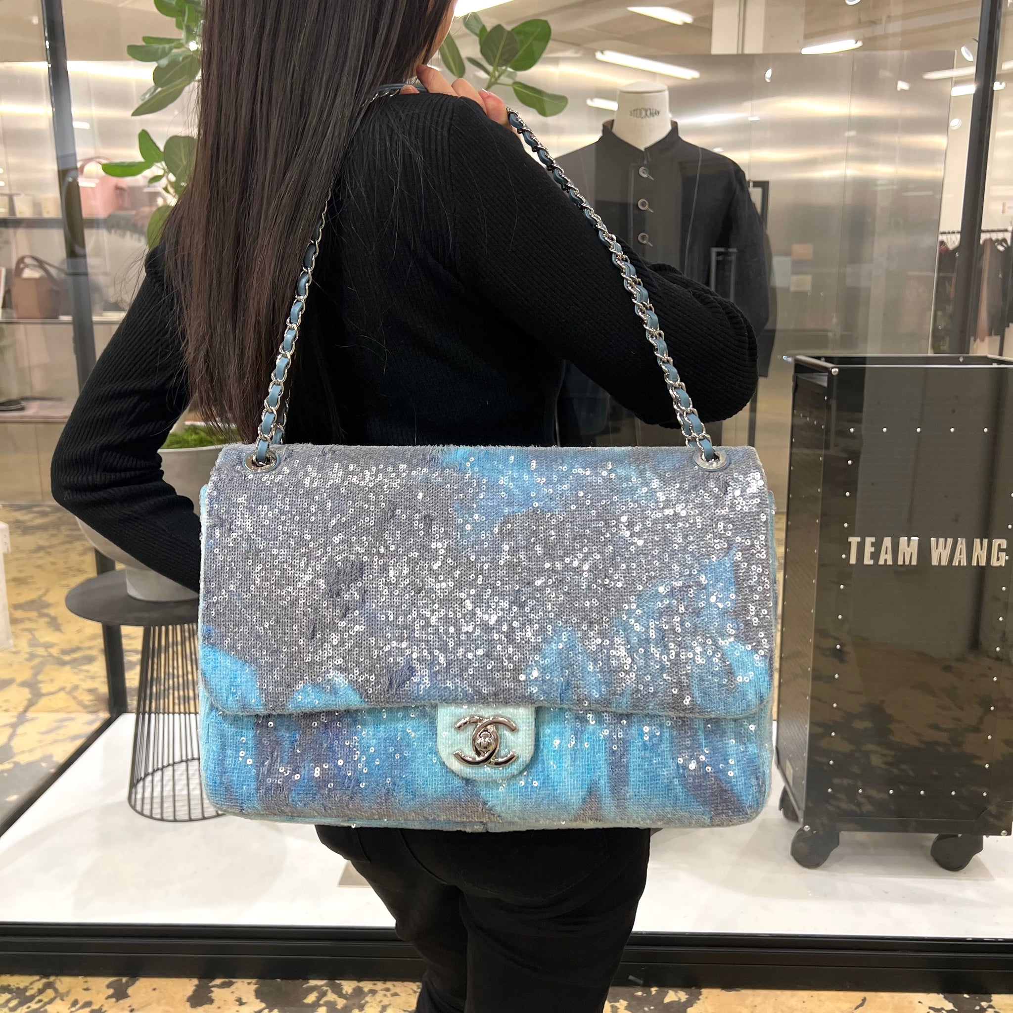 A RUNWAY BLUE WATERFALL SEQUIN JUMBO SINGLE FLAP BAG WITH SILVER HARDWARE,  CHANEL, SPRING/SUMMER 2018