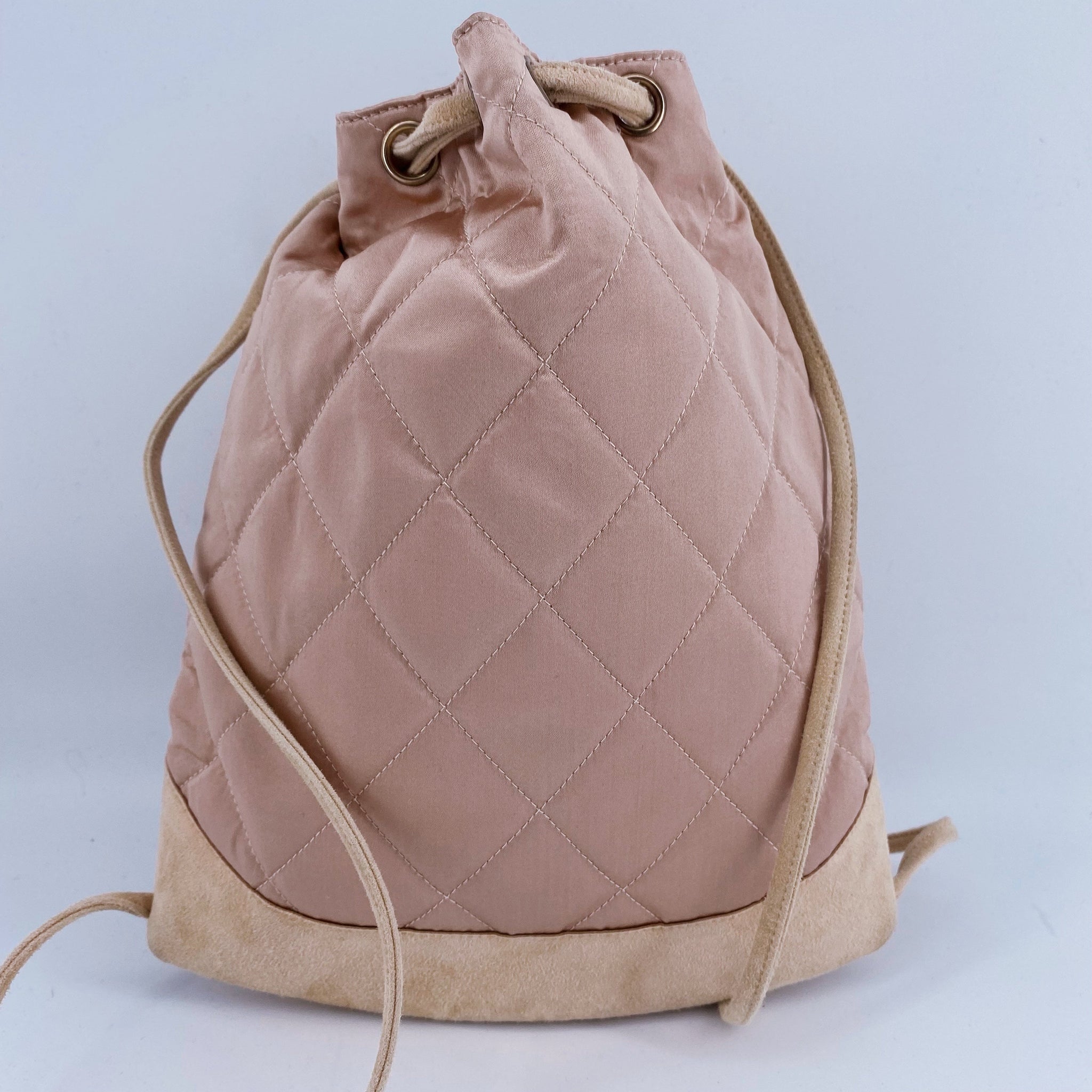 CHANEL Vintage Quilted Satin and Suede Drawstring Backpack 