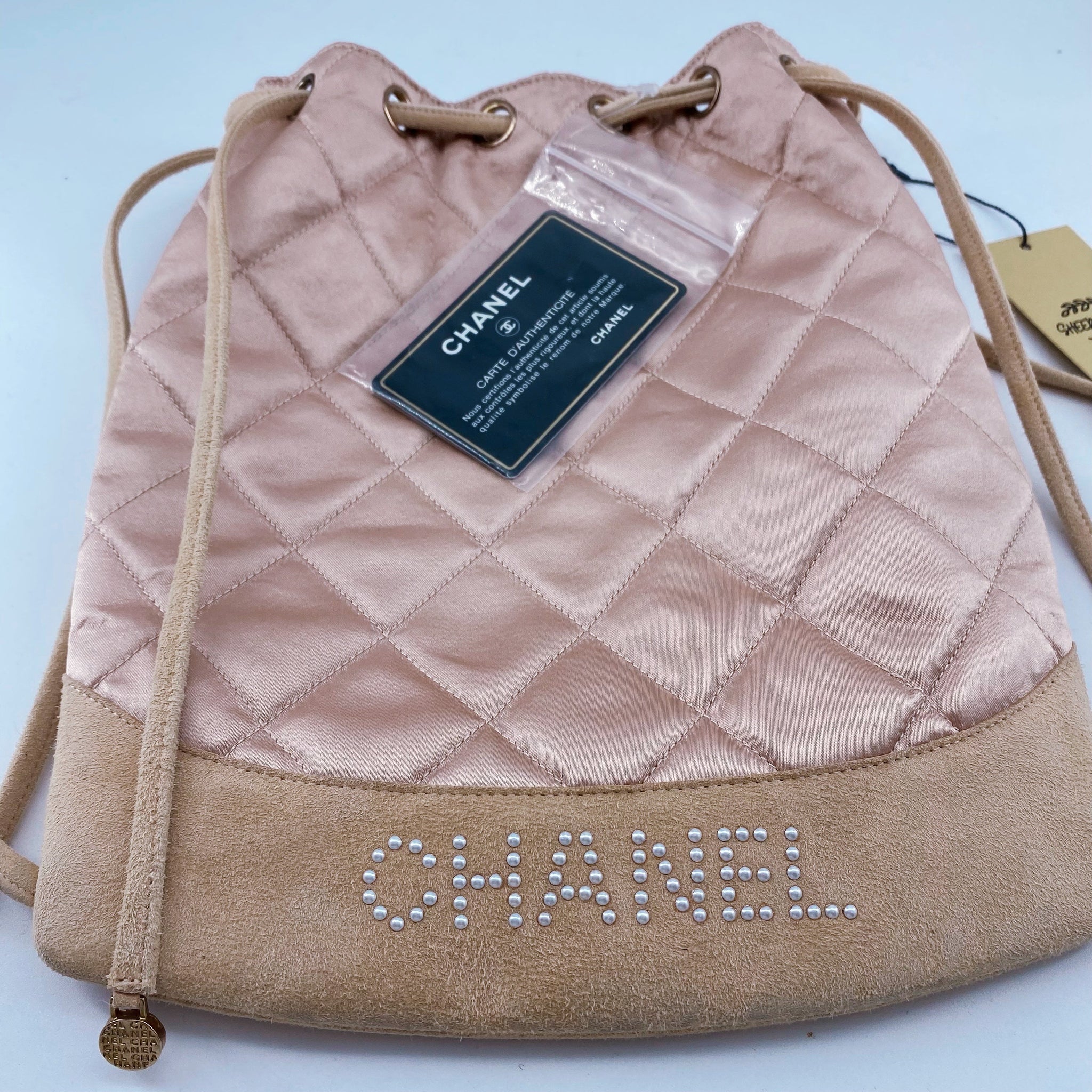 CHANEL Vintage Quilted Satin and Suede
Drawstring Backpack CHANEL Vintage Quilted Satin and Suede Drawstring Backpack  main image 3
