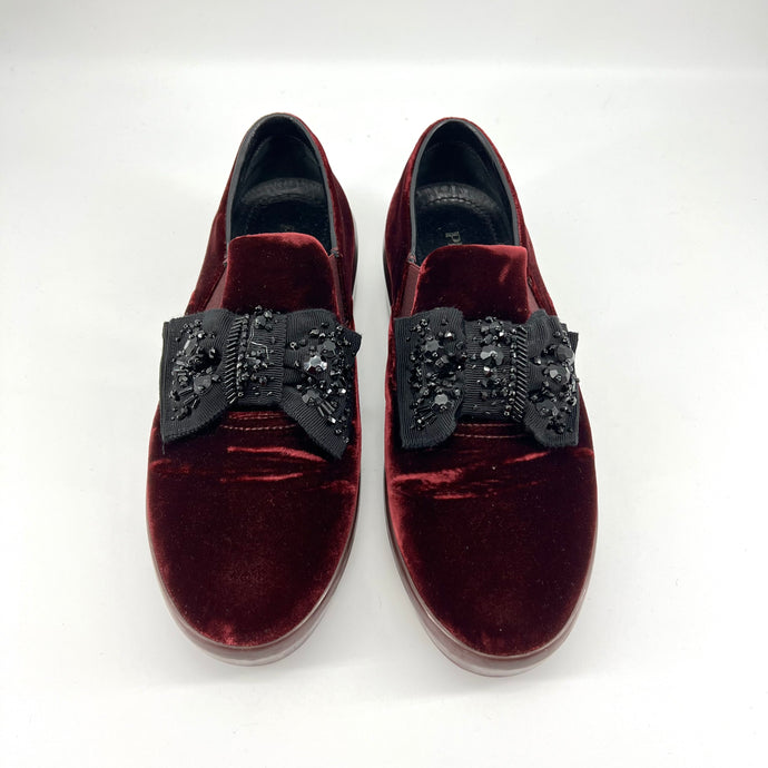 Prada Red Velvet Crystal Embellished Bow Slip On Sneakers