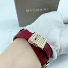 Load image into Gallery viewer, Bvlgari Red Leather Double Coiled Gold Plated Bracelet
