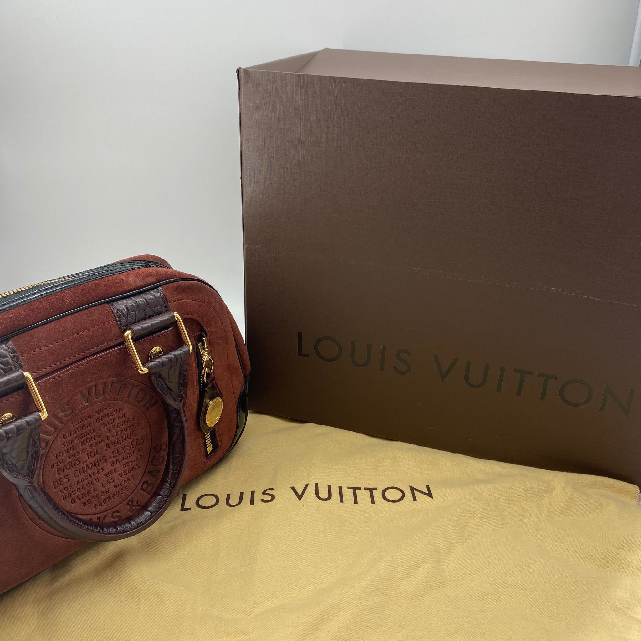 Louis Vuitton Havane Brown Suede Stamped Trunk PM Boston Speedy Bag