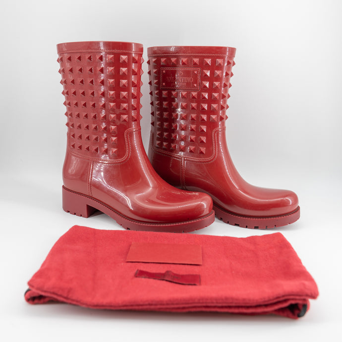 Valentino Red Rubber Studded Accents Rain Boots