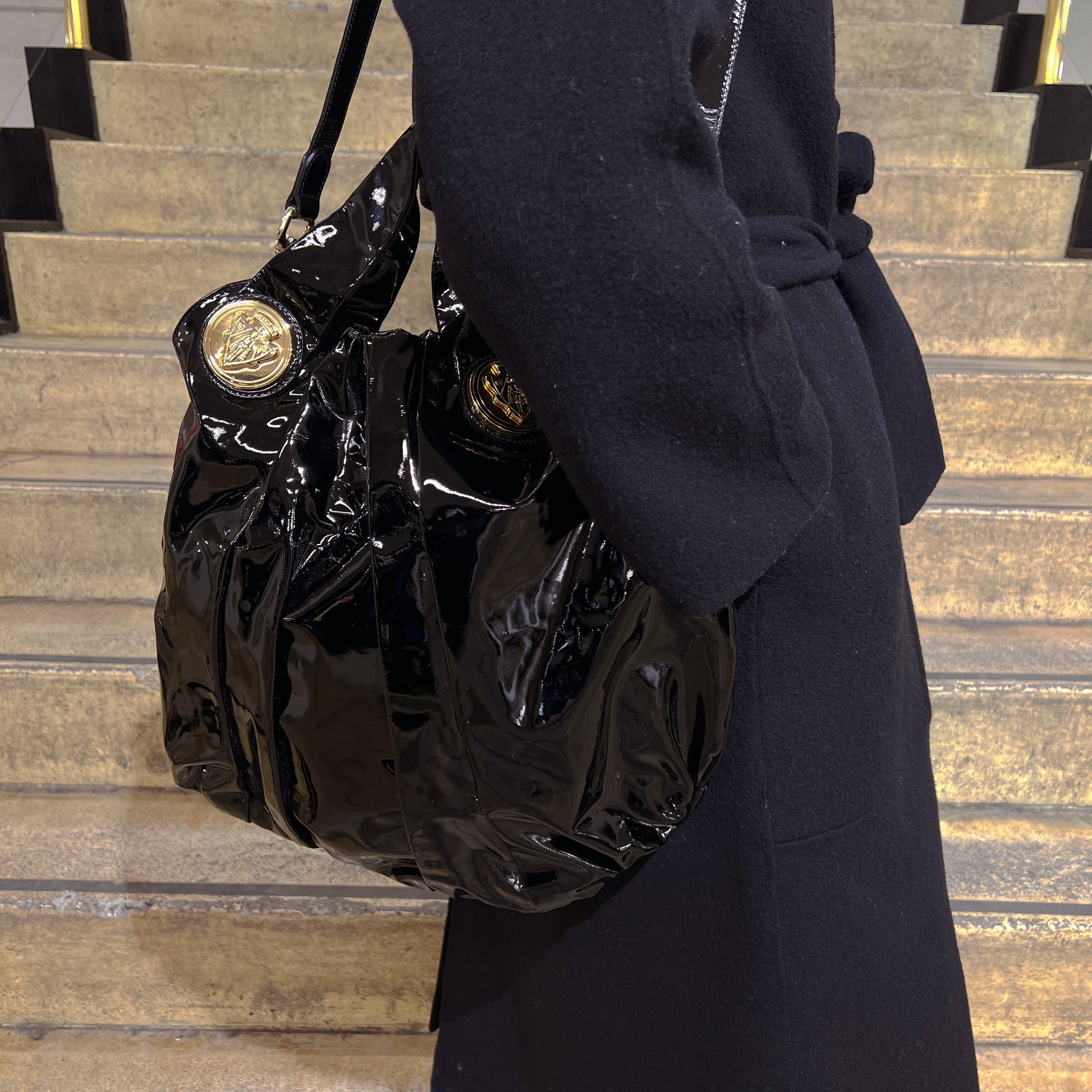 Gucci Black Gold Patent Leather Hysteria Tote Sheer Room