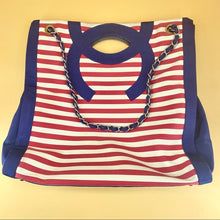 Load image into Gallery viewer, Chanel Cruise 2010 Stripes Red White And Blue Canvas Grosgrain Silver Hardware Tote
