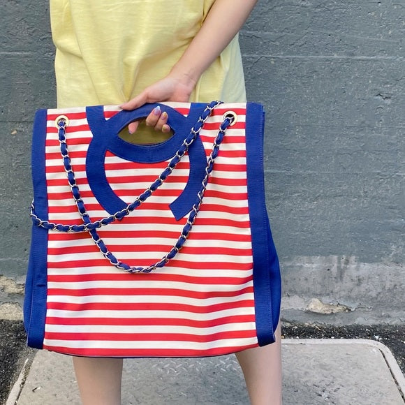 Chanel Cruise 2010 Stripes Red White And Blue Canvas Grosgrain Silver Hardware Tote